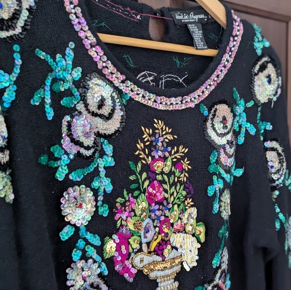 Vintage Knit Silk Blend Black With Multi Colour Floral Embroidery Beading Large - Picture 9 of 16